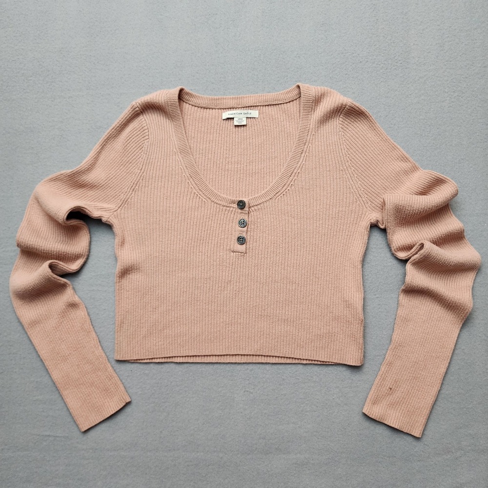 American Eagle Women's Small Pink Ribbed Cropped Henley Sweater Long Sleeve